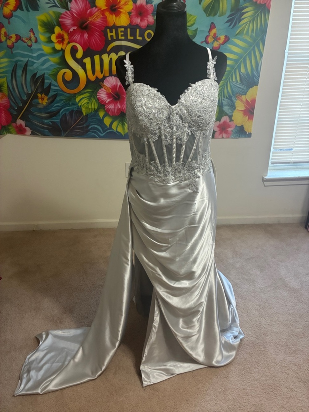 Silver Lace Bodice Satin Prom Dress with Draped Skirt